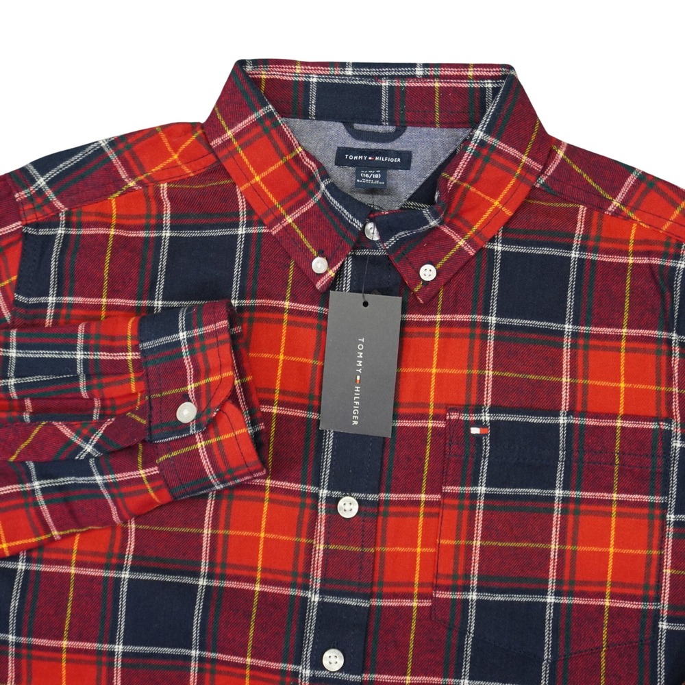 Tommy Hilfiger Button Down Boys L 16/18 Red Plaid Flannel Long Sleeve Shirt